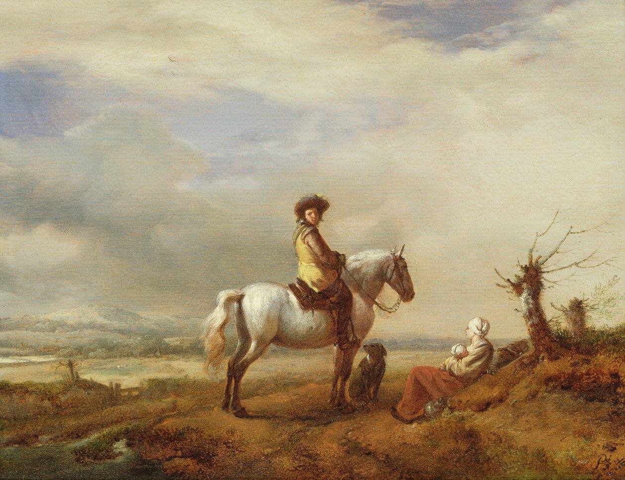 Mies hevosen selässä naisen ja lapsen kanssa tekijältä Philips Wouwerman