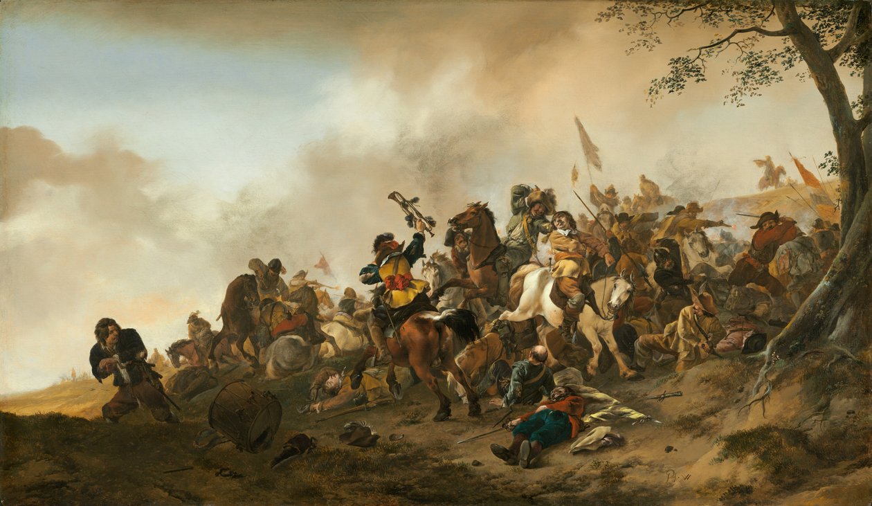 Taistelukohtaus, c. 16451646. tekijältä Philips Wouwerman