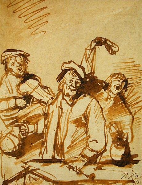 Kolme iloista nuorta miestä, 1660 (kynä ja ruskea muste paperille). tekijältä Phillips de Koninck