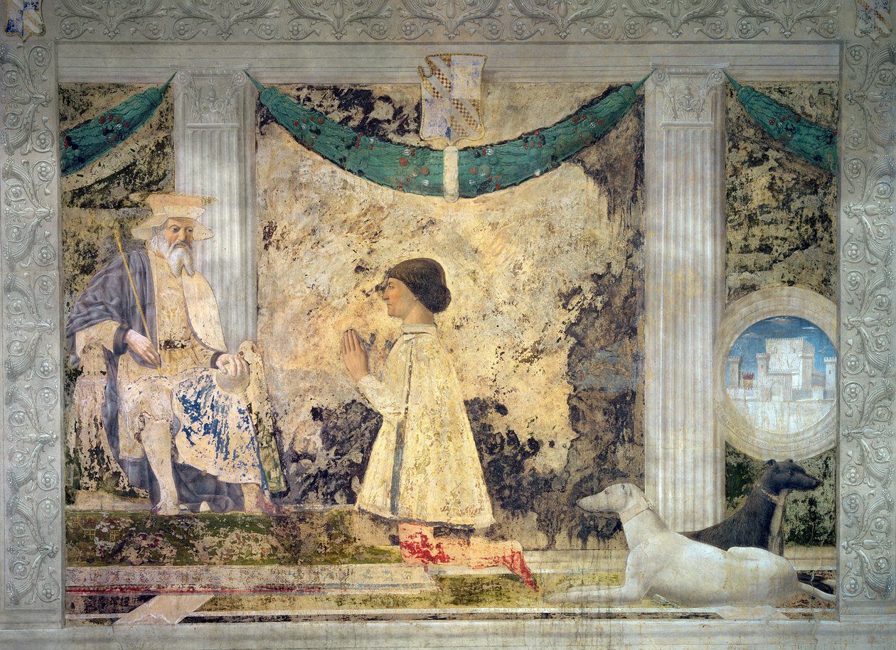 Sigismondo Malatesta (k.1468) polvistumassa suojelijansa Pyhän Sigismund Burgundialaisen edessä, 1451 tekijältä Piero della Francesca