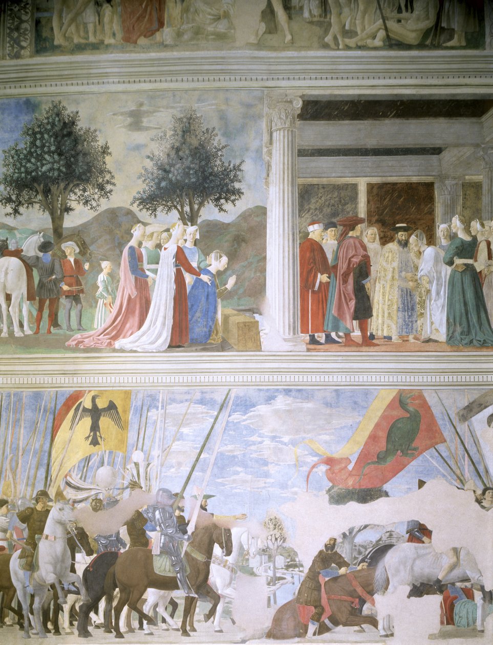 Saban kuningatar palvomassa oikean ristin puuta, Kuningas Salomonin Saban kuningattaren vastaanotto (n. 1015-977) ja Milviansillan taistelu, Legend of the True Cross -syklistä, c. tekijältä Piero della Francesca