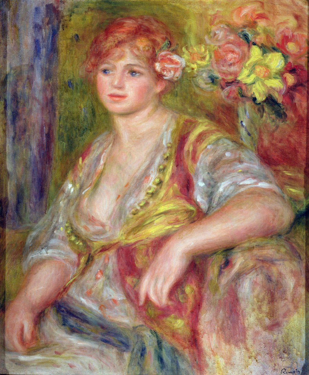 Blondi nainen ruusun kanssa, n. 1915-1917 tekijältä Pierre Auguste Renoir