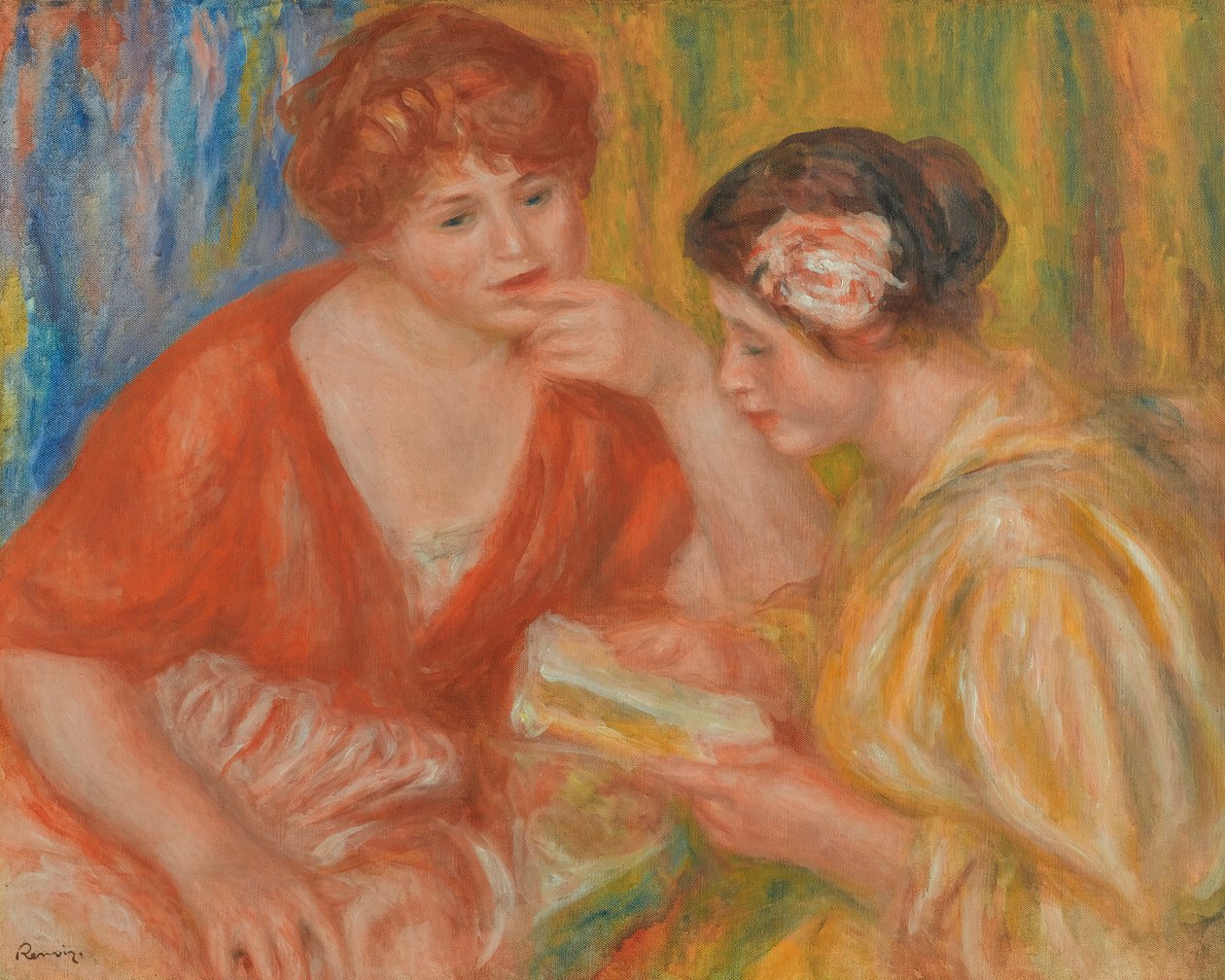 KAKSI NAISTA PUNAISISSA JA VAALEANPUNAISISSA PUSEROISSA - tekijältä Pierre Auguste Renoir