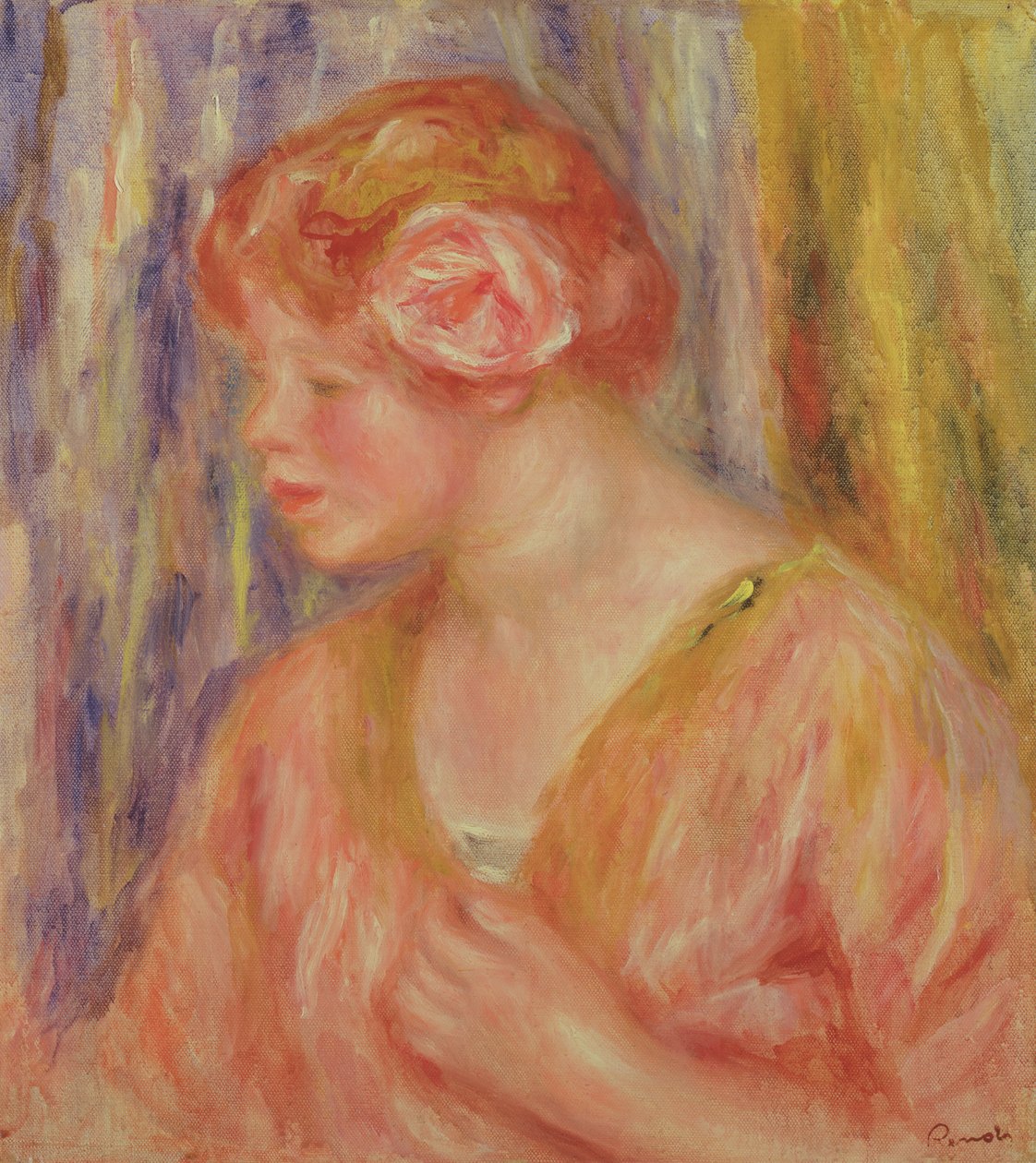Punapäinen nainen ruusuja hiuksissaan tekijältä Pierre Auguste Renoir