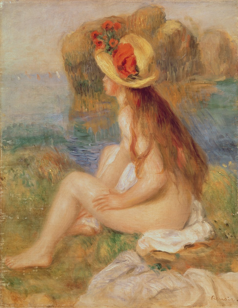 Istuva nainen uimari olkihatussa tekijältä Pierre Auguste Renoir