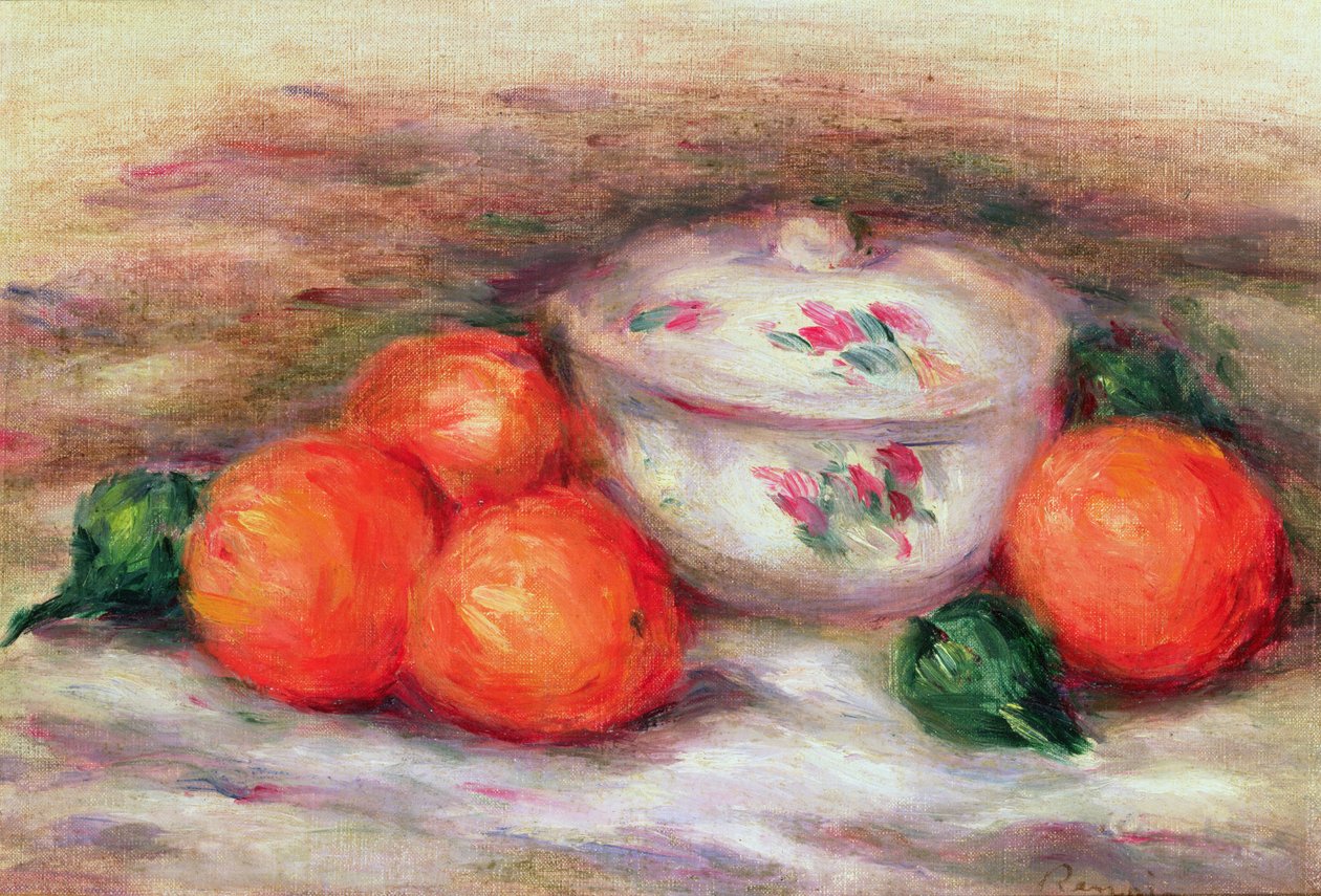Asetelma kannellisella astialla ja appelsiineilla tekijältä Pierre Auguste Renoir
