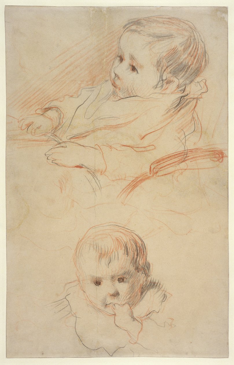 Kaksi tutkimusta pienestä lapsesta, 1875-80 (musta ja punainen liitu kellertävälle paperille) tekijältä Pierre Auguste Renoir