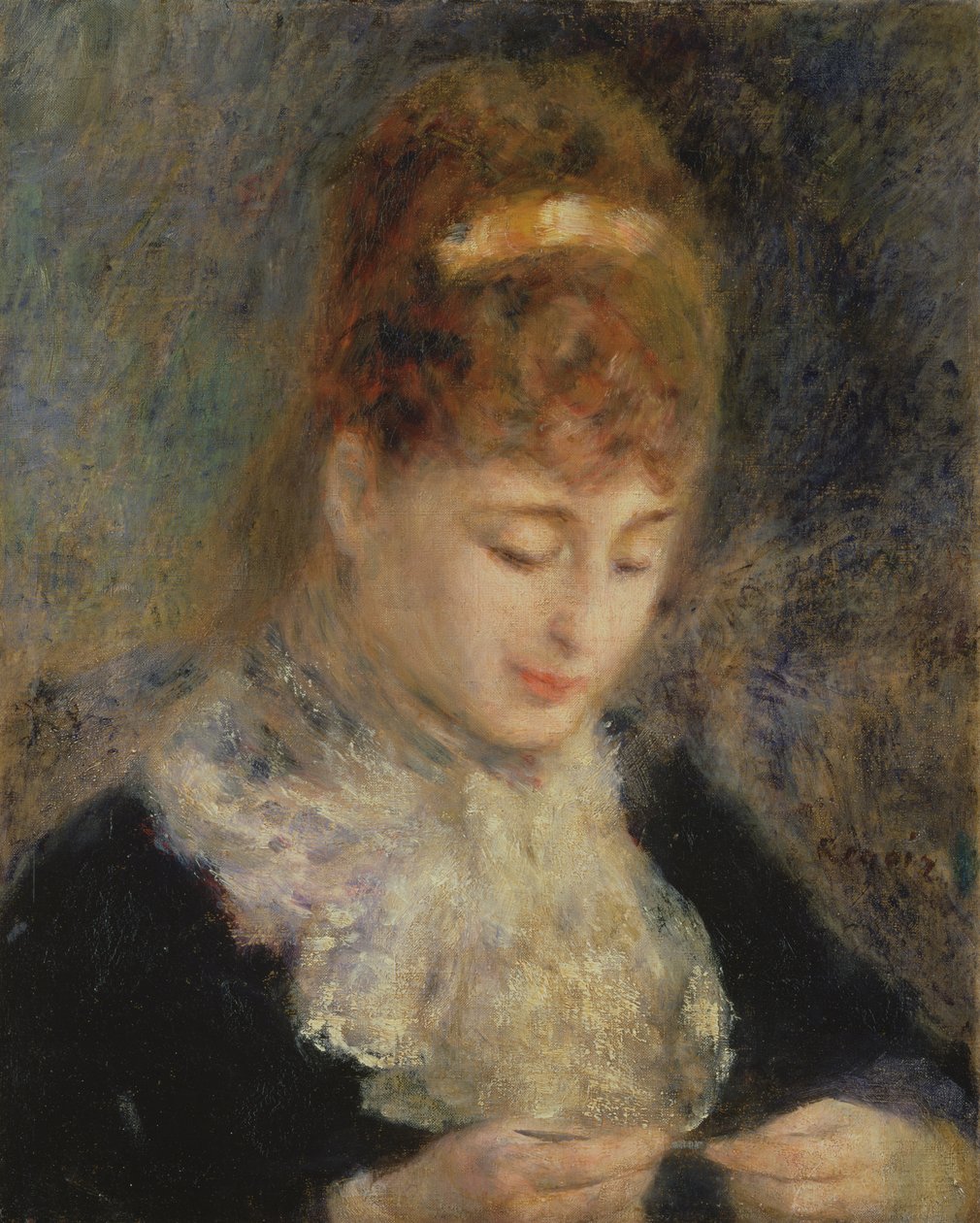 Nainen virkkaamassa, n. 1877 tekijältä Pierre Auguste Renoir