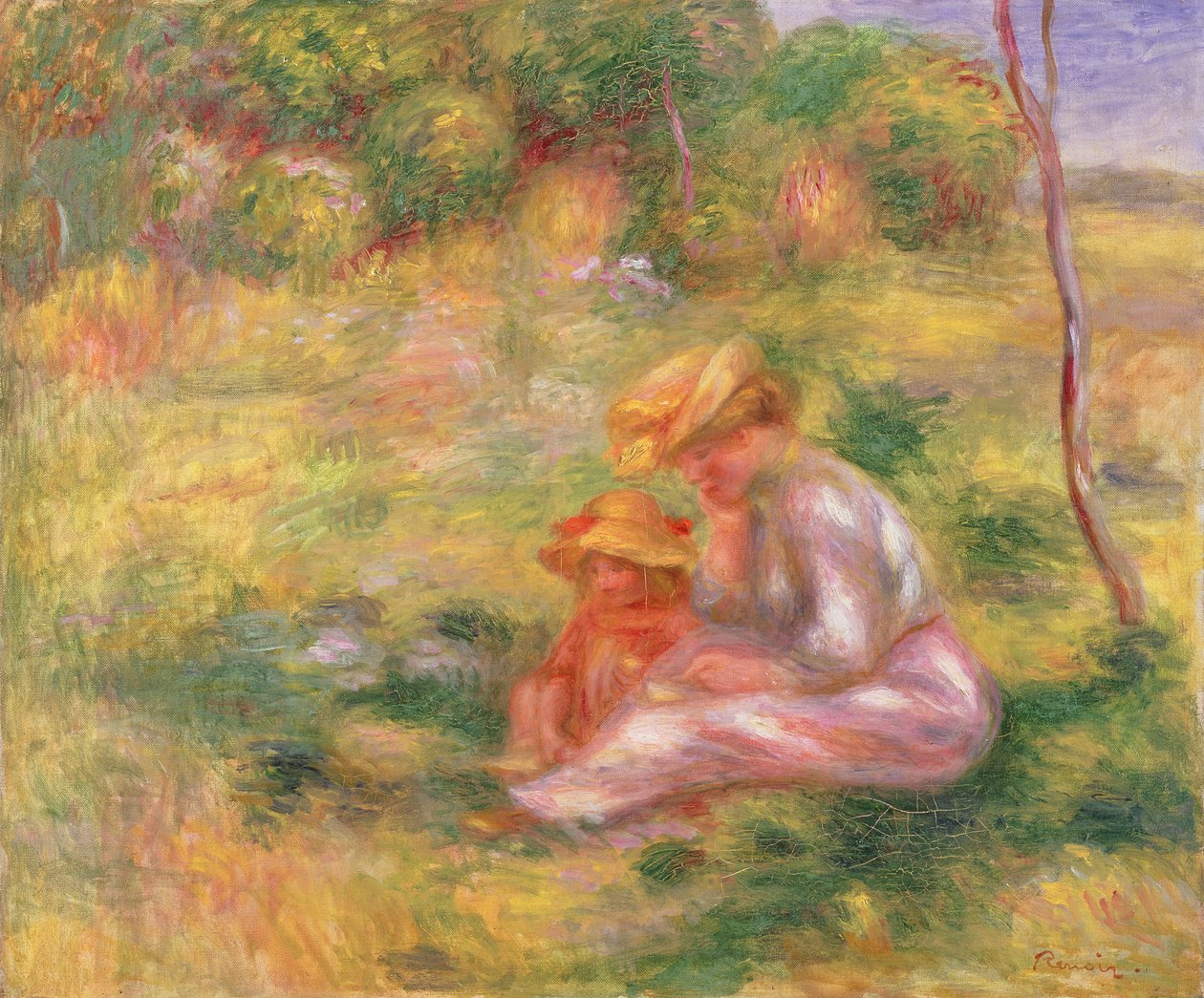 Nainen ja lapsi istuvat pellolla, n. 1898 tekijältä Pierre Auguste Renoir