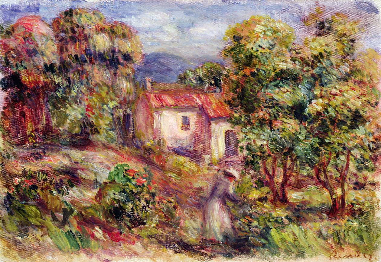 Nainen poimimassa kukkia Les Colettesin puutarhassa Cagnesissa, 1912 tekijältä Pierre Auguste Renoir
