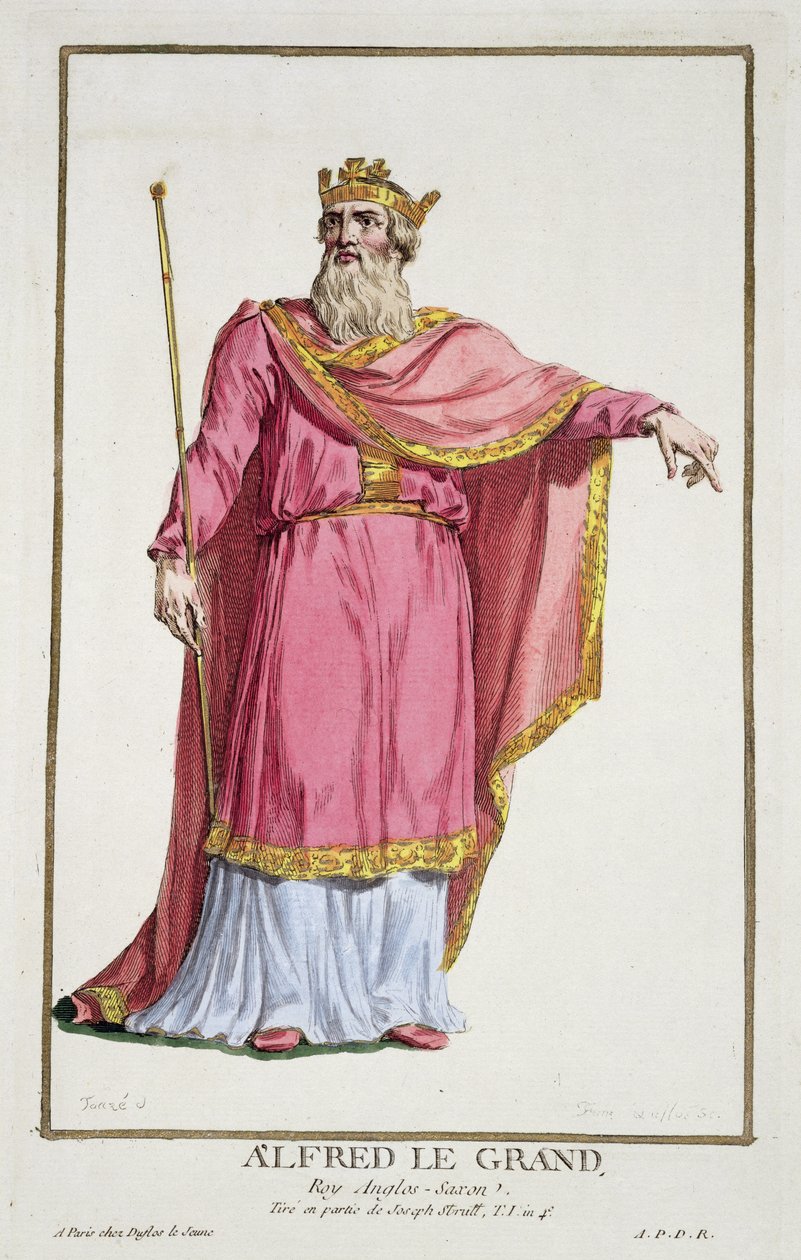 Alfred Suuri (849-99) kuvasta "Receuil des Estampes, representant les Rangs et les Dignites, suivant le Costume de toutes les Nations existantes", julkaistu 1780 (käsin väritetty kaiverrus). tekijältä Pierre Duflos