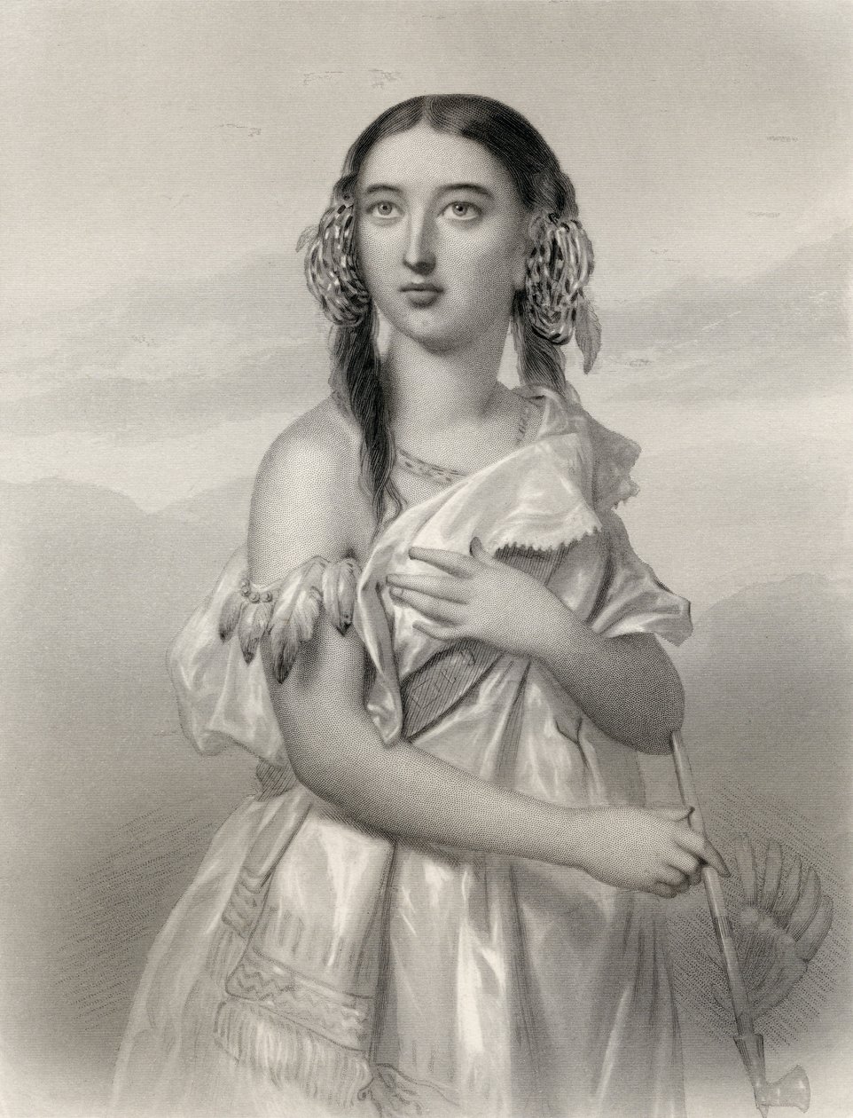 Pocahontas (1595-1617) kuvitus Mary Cowden Clarken teoksesta "Maailman tunnetut naiset", 1858 tekijältä Pierre Gustave Eugene Staal