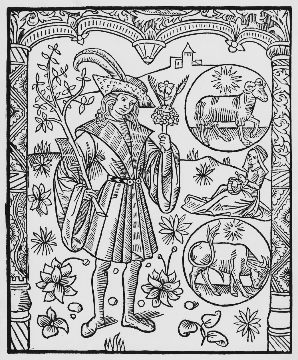 Huhtikuu, kukat, Oinas, kuvitus "Almanach des Bergersistä", 1491 (ksylografi) tekijältä Pierre Le Rouge