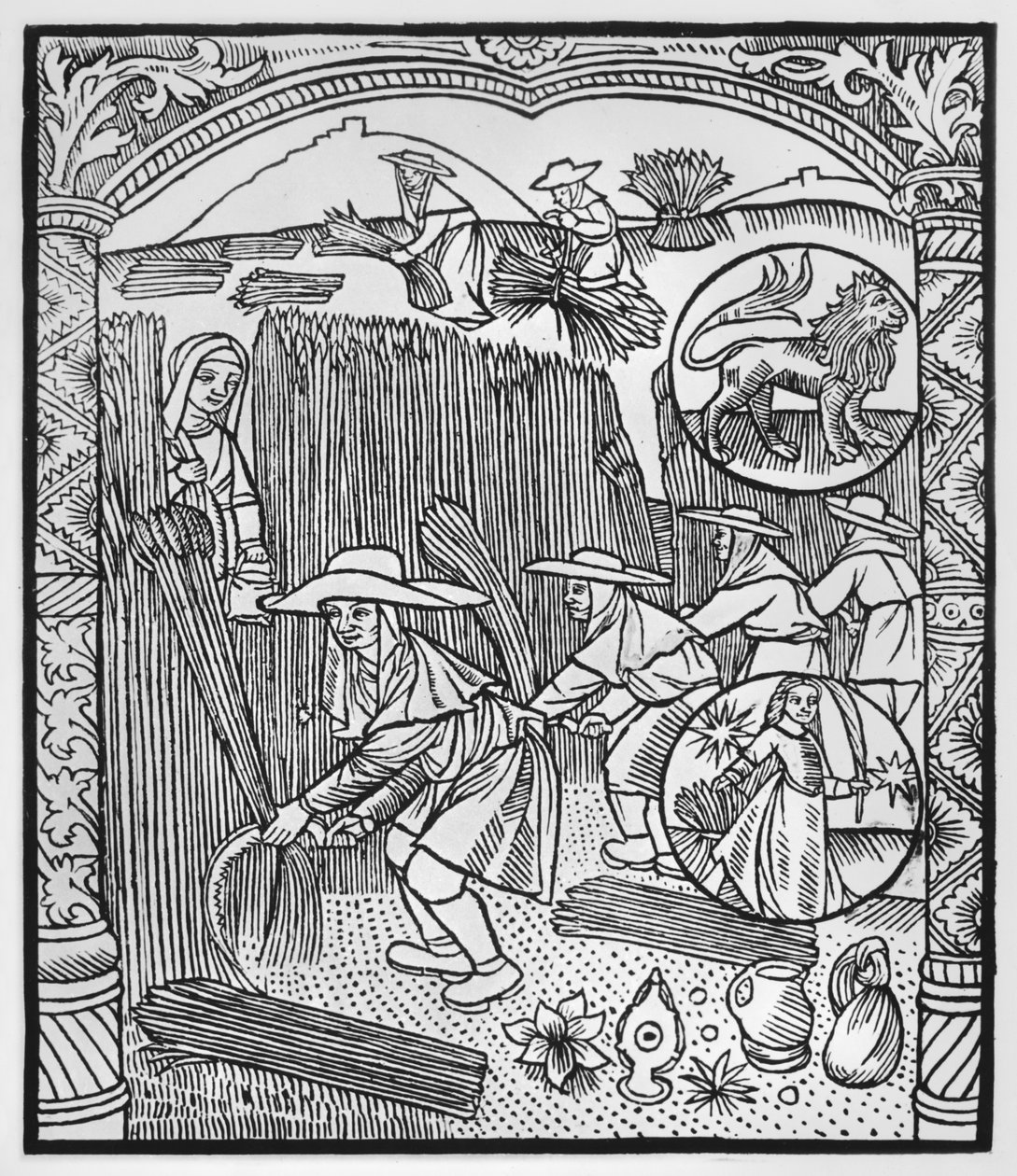 Elokuu, sadonkorjuu, Leo, kuvitus "Almanach des Bergersistä", 1491 (ksylografi) tekijältä Pierre Le Rouge