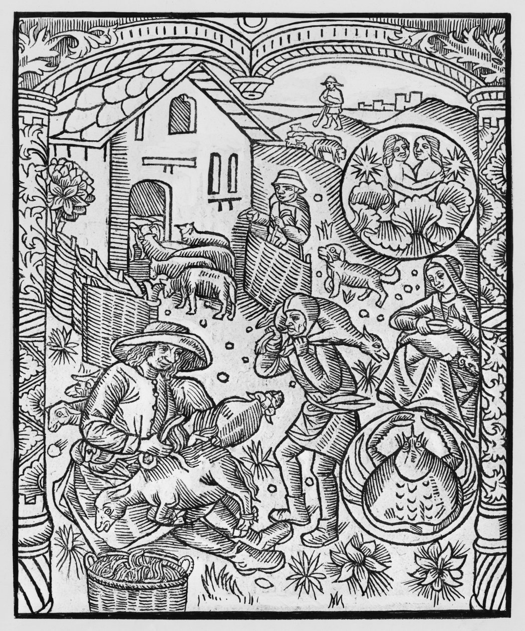Kesäkuu, lampaiden keraaminen, Kaksoset, kuvitus "Almanach des Bergersistä", 1491 (ksylografi) tekijältä Pierre Le Rouge