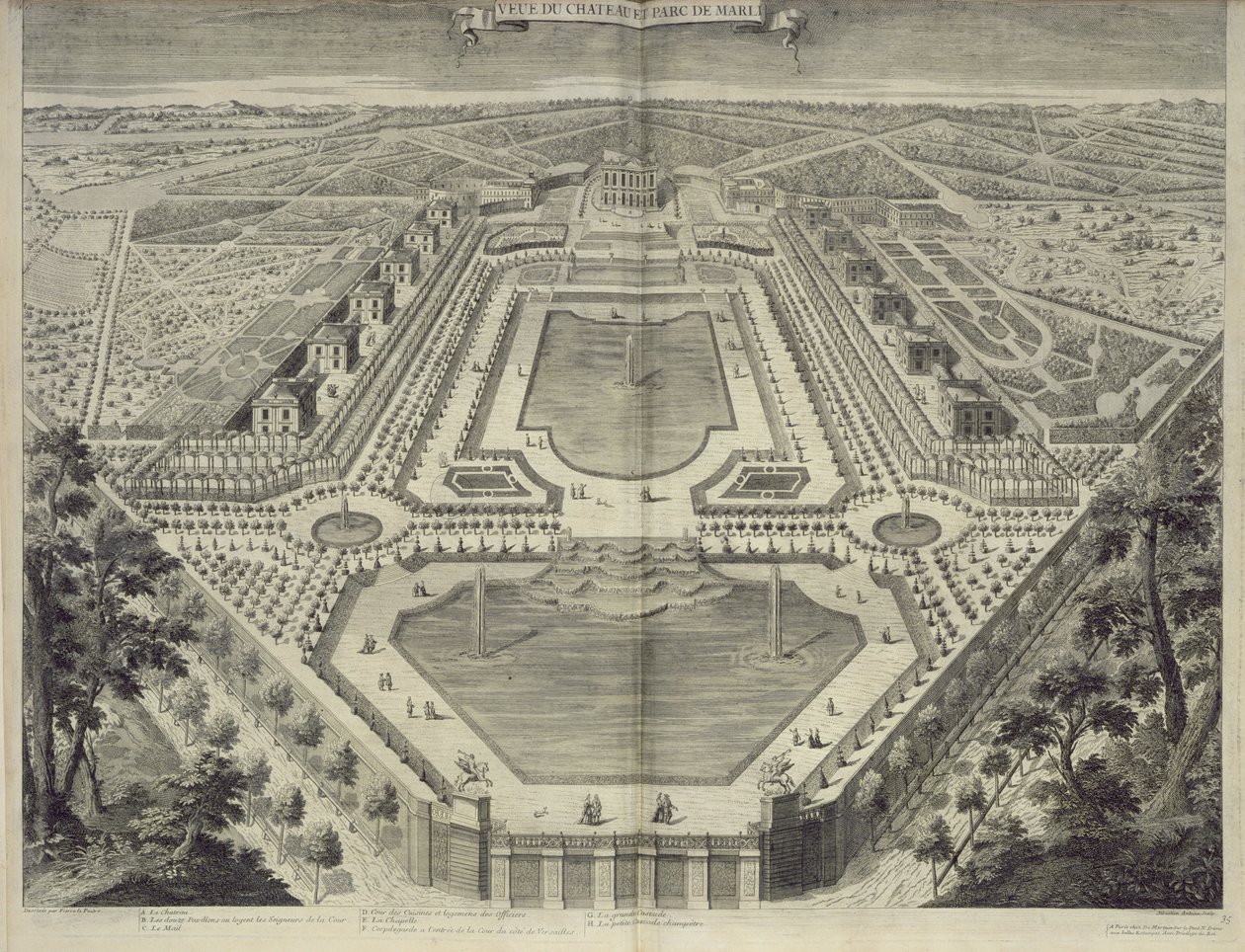 Näkymä Marlyn linnasta ja puistosta, kaiverrus Sebastian Antoine (1687-s. 1761), n. 1715 tekijältä Pierre Lepautre