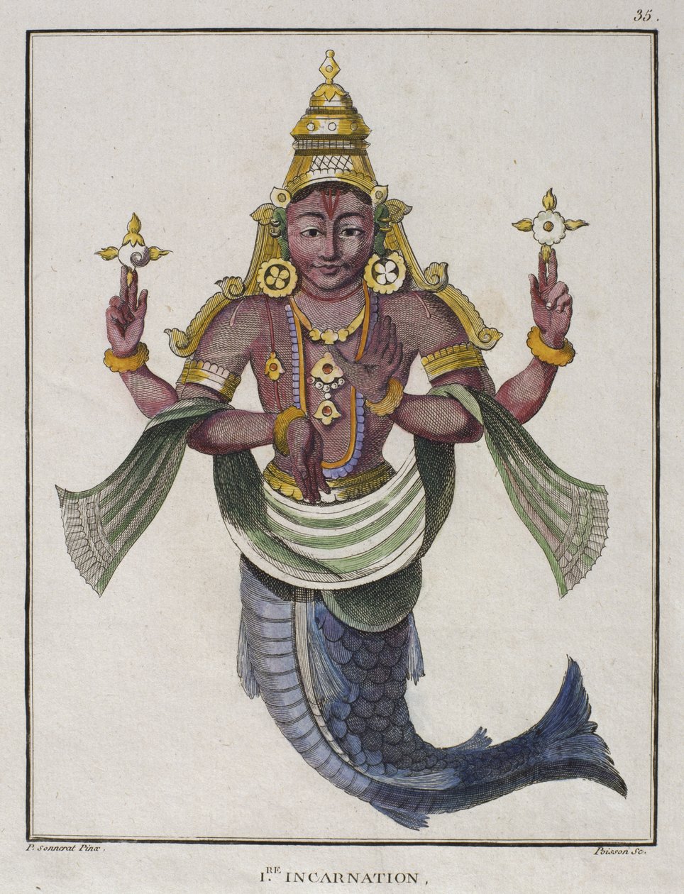 Ensimmäinen Vishnun avatar "kalana", kuvitus Pierre Sonneratin teoksesta "Voyage aux Indes Orientales et a la Chine", kaiverrus Poisson, 1782 (värikaiverrus) tekijältä Pierre Sonnerat