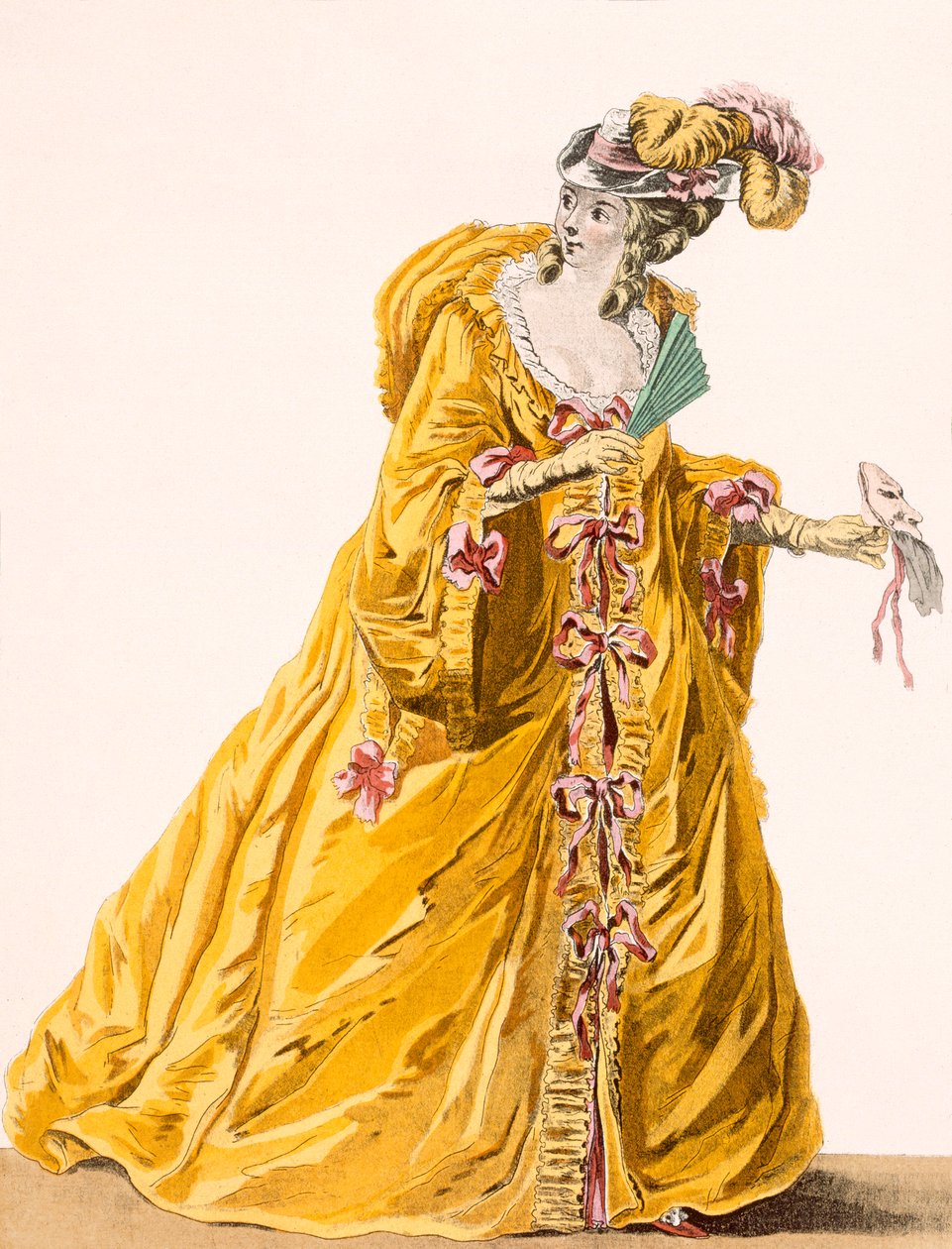Nainen "Grand Domino" -mekossa käytettäväksi "Bal Matique" -puvussa, kaiverrus Janninet, levy nro 170 julkaisusta "Galeries des Modes et Costumes Francais", n. 1778-87 99:vaatteet; perinteiset vaatteet tekijältä Pierre Thomas Le Clerc