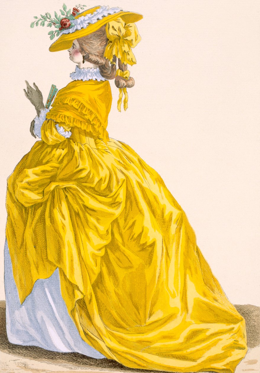 "Robe en Fourreau", kaiverrus Bacquoy, levy nro 187 julkaisusta "Galeries des Modes et Costumes Francais", n. 1778-87 99:vaatteet; perinteinen asu; perinteinen puku; muoti; kuvitella tekijältä Pierre Thomas Le Clerc