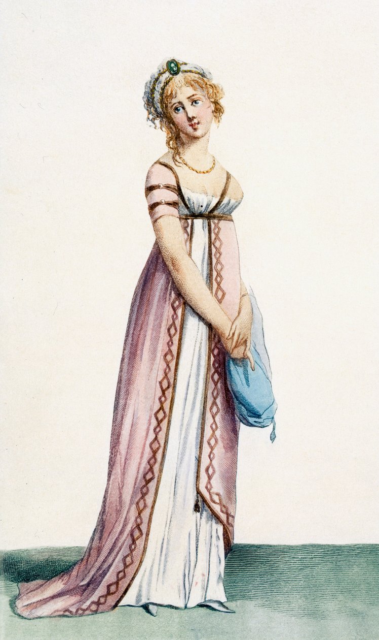 Yksinkertaisesti suunniteltu naisten juhlamekko, kuvitus julkaisusta "Journal des Dames et des Modes", 1799 tekijältä Pierre de La Mesangere