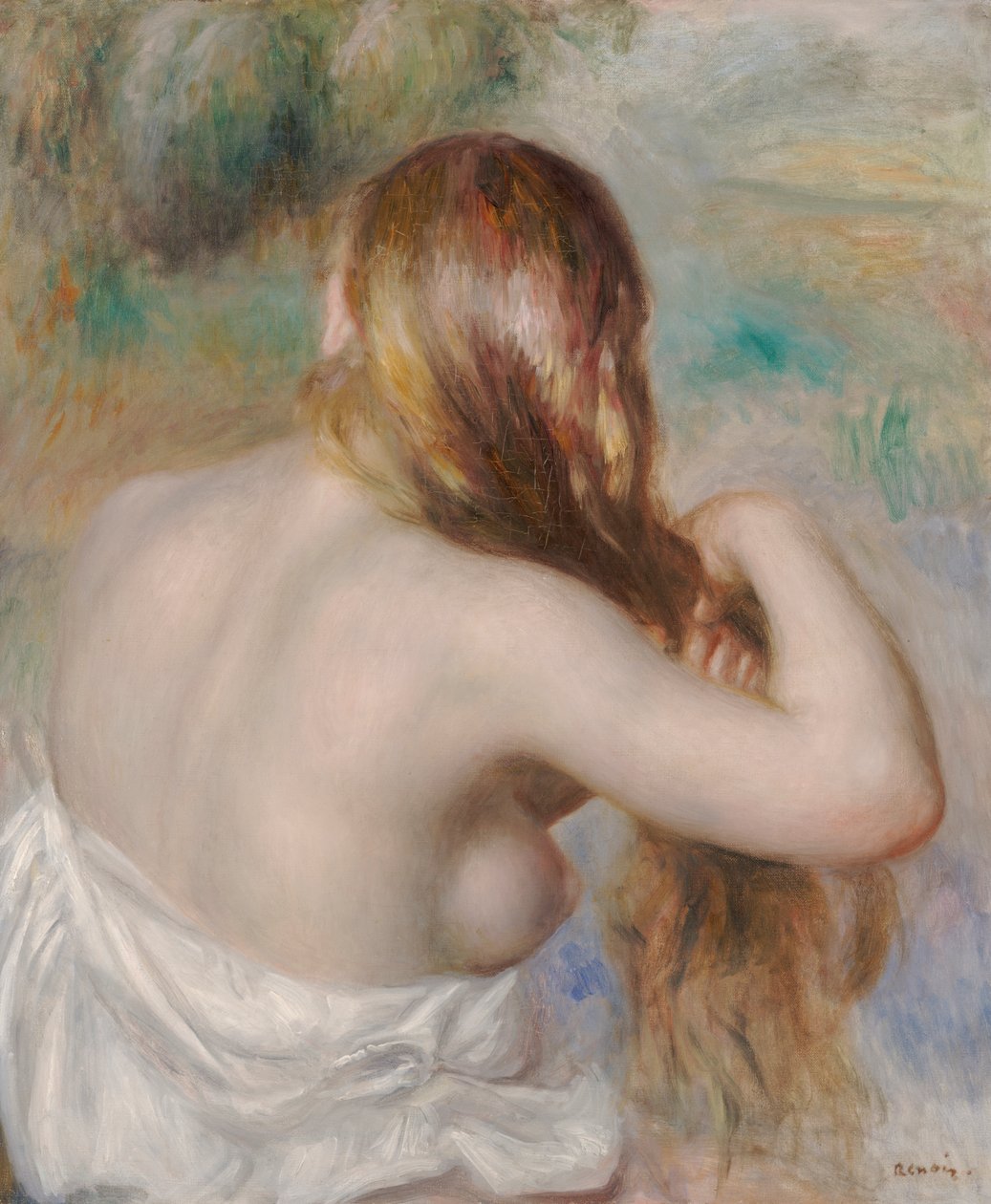 ਸੁਨਹਿਰੀ ਬਰੇਡਿੰਗ ਉਸਦੇ ਵਾਲ ਫਿਨਿਸ਼ tekijältä Pierre Auguste Renoir