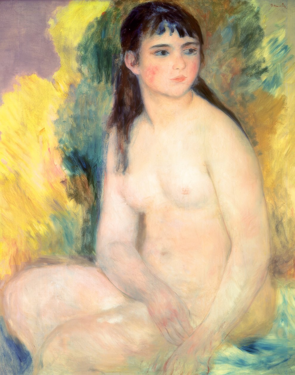 Alaston nainen istuu tekijältä Pierre Auguste Renoir