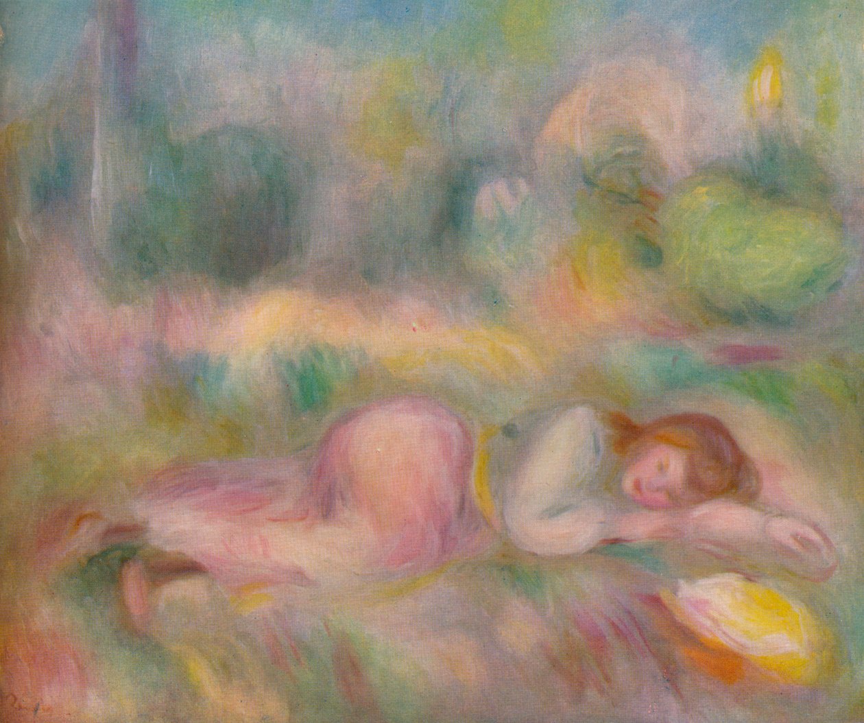 Tyttö makaa nurmikolla, c1890 tekijältä Pierre Auguste Renoir