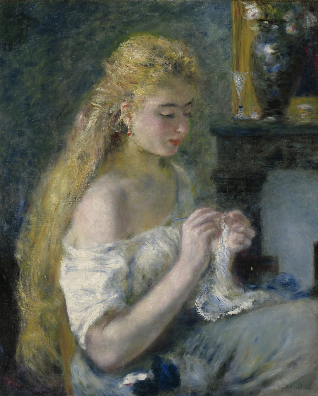 Nainen virkkaamassa, n. 1875 tekijältä Pierre Auguste Renoir