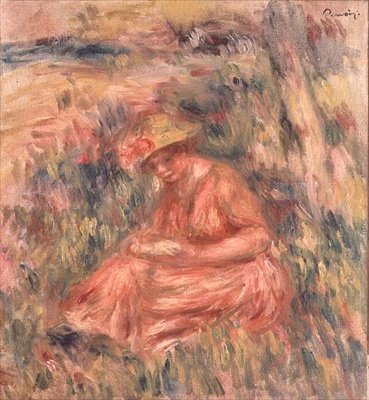 Nainen istuu nurmikolla tekijältä Pierre Auguste Renoir