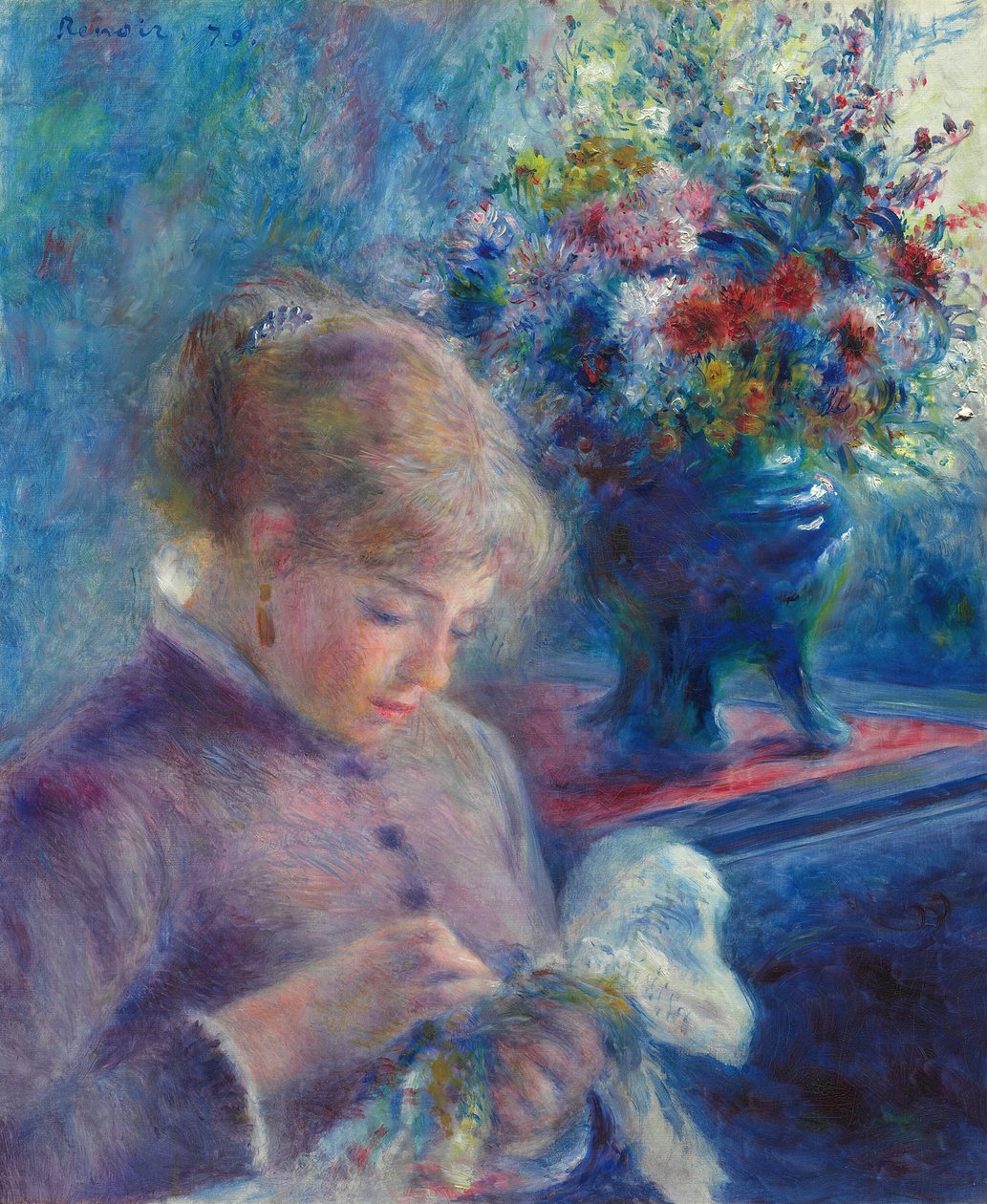 Nuori nainen ompelu, 1879. tekijältä Pierre Auguste Renoir
