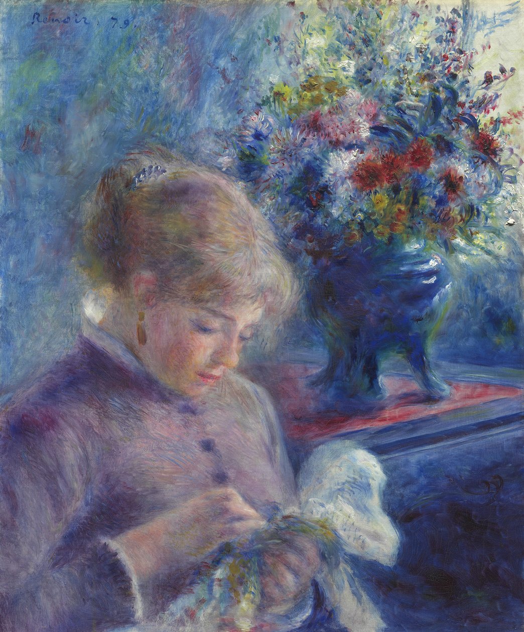 Nuori nainen ompelu, 1879 tekijältä Pierre Auguste Renoir