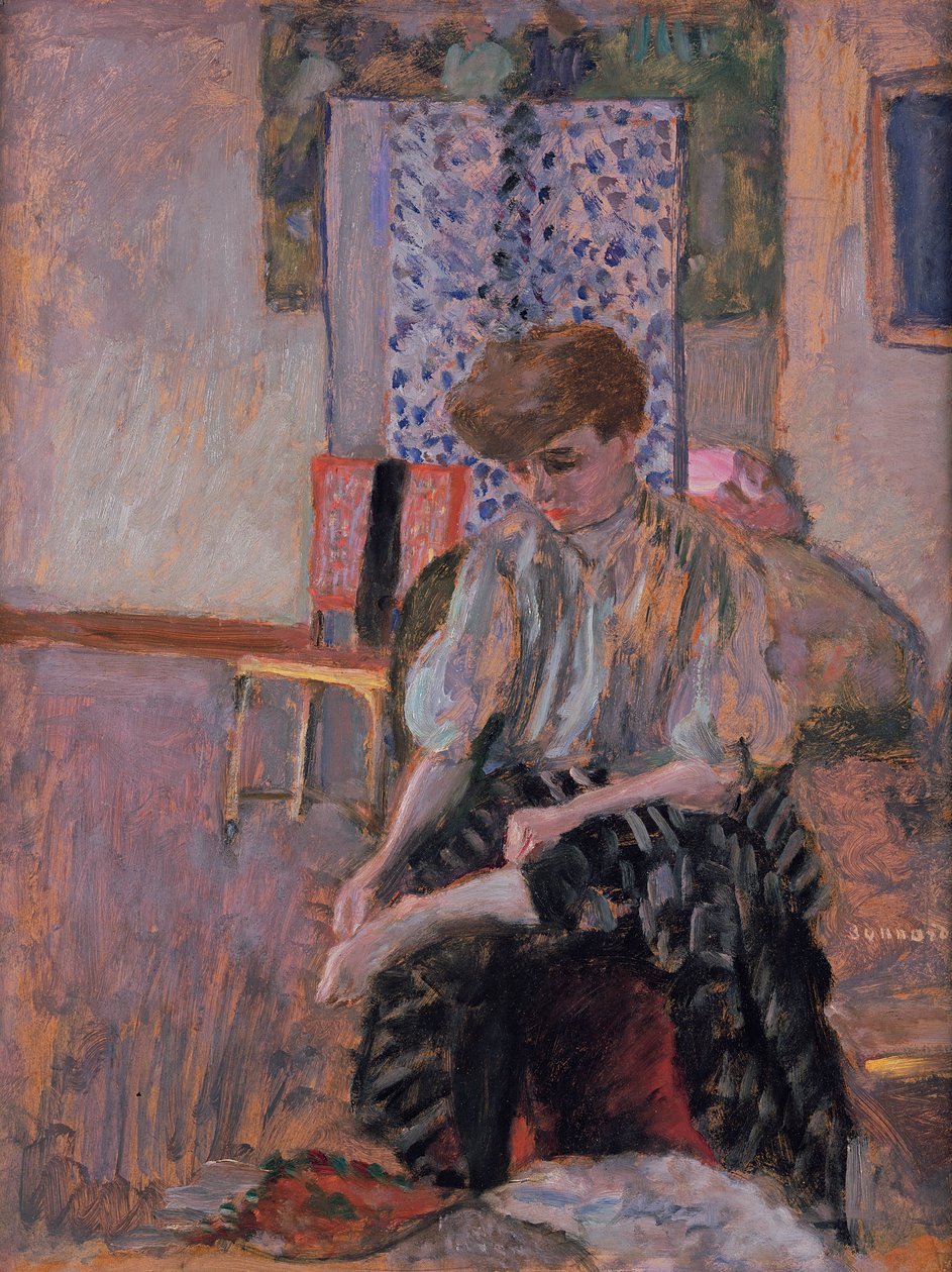 Nainen pukee sukkiaan tekijältä Pierre Bonnard