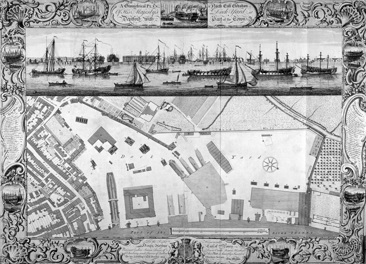 Deptford Docks, Lontoo, 1753. tekijältä Pierre Charles Canot