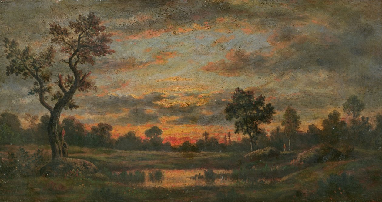 Maisema auringonlaskun aikaan tekijältä Pierre Etienne Theodore Rousseau