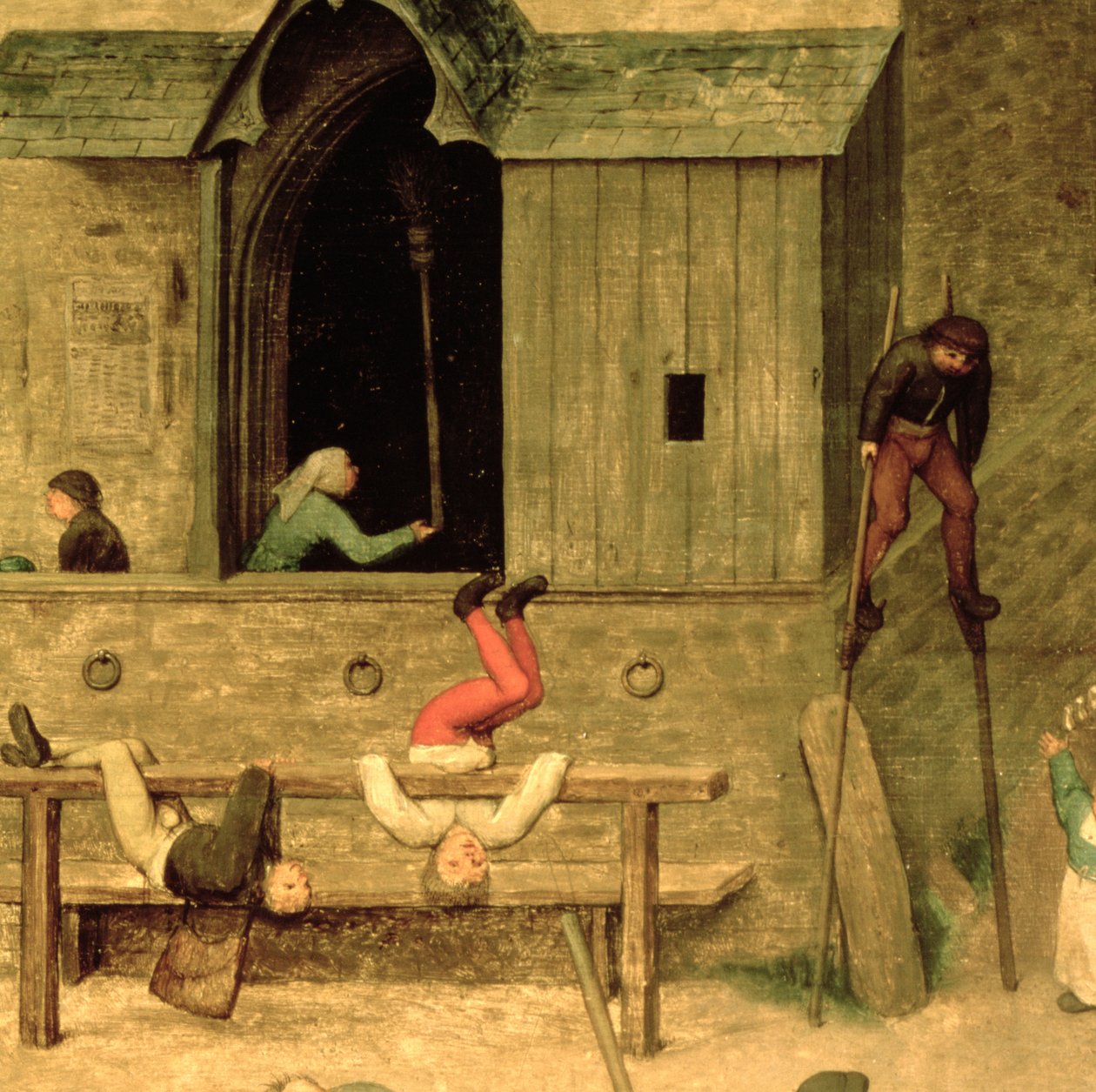 Lasten pelit (Kinderspiele): yksityiskohta pojasta puujalat ja lapsia leikkimässä varastossa, 1560 (yksityiskohta 68945) tekijältä Pieter Bruegel the Elder