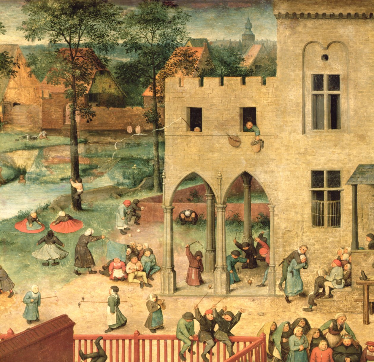 Lasten pelit (Kinderspiele): yksityiskohta vasemmasta yläkulmasta, jossa lapset pyörivät ja leikkivät kulhoja, 1560 (68945:n yksityiskohta) tekijältä Pieter Bruegel the Elder