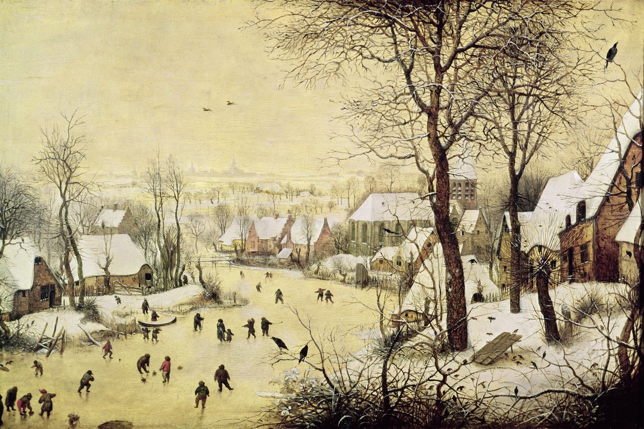 Talvimaisema luistelijoiden ja lintuansan kanssa, 1565 tekijältä Pieter Bruegel the Elder