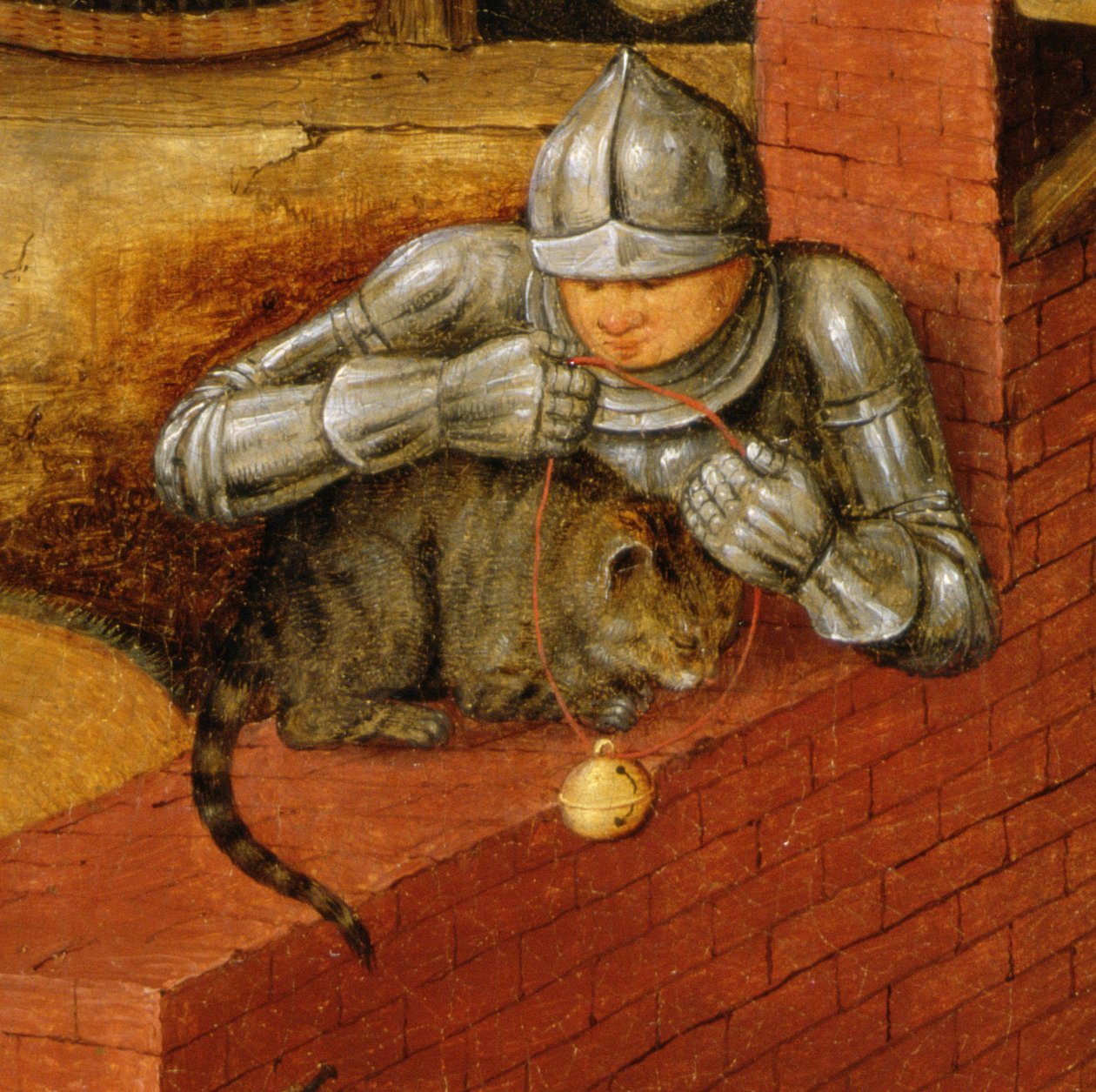 Ritari laittaa kellon kissalle, yksityiskohta Flanderin sananlaskuista (67235:n yksityiskohta) tekijältä Pieter Brueghel the Younger