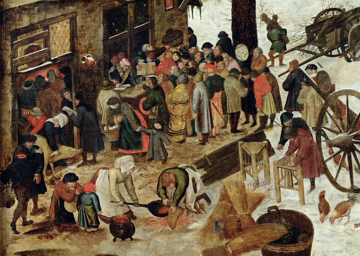 Kymmenysten maksaminen tai Betlehemin väestölaskenta, yksityiskohta vuoden 1566 jälkeen tekijältä Pieter Brueghel the Younger