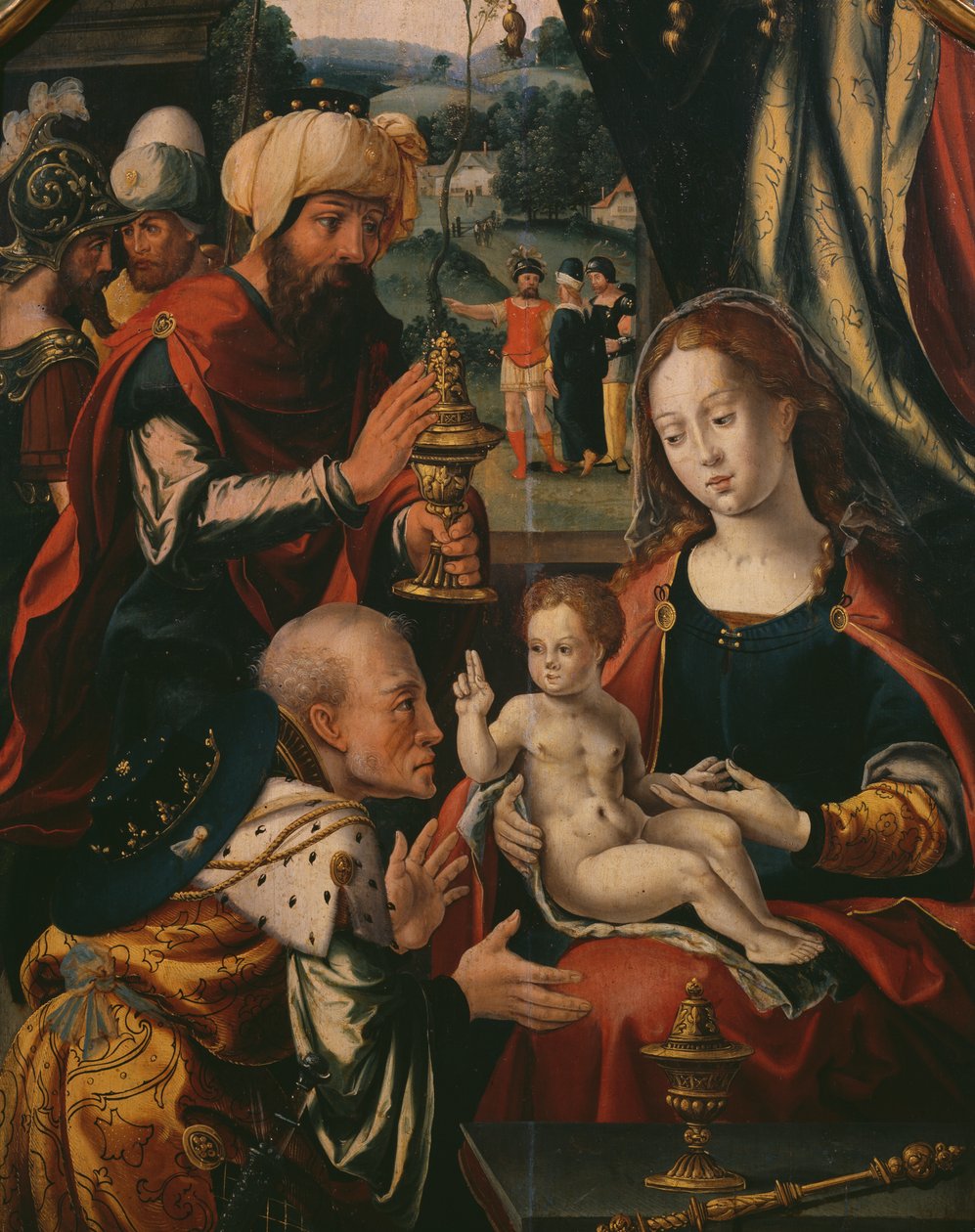 Adoration of the Magi, Epiphany Triptyych, yksityiskohta, n. 1540 (katso myös 345852) tekijältä Pieter Coecke van Aelst