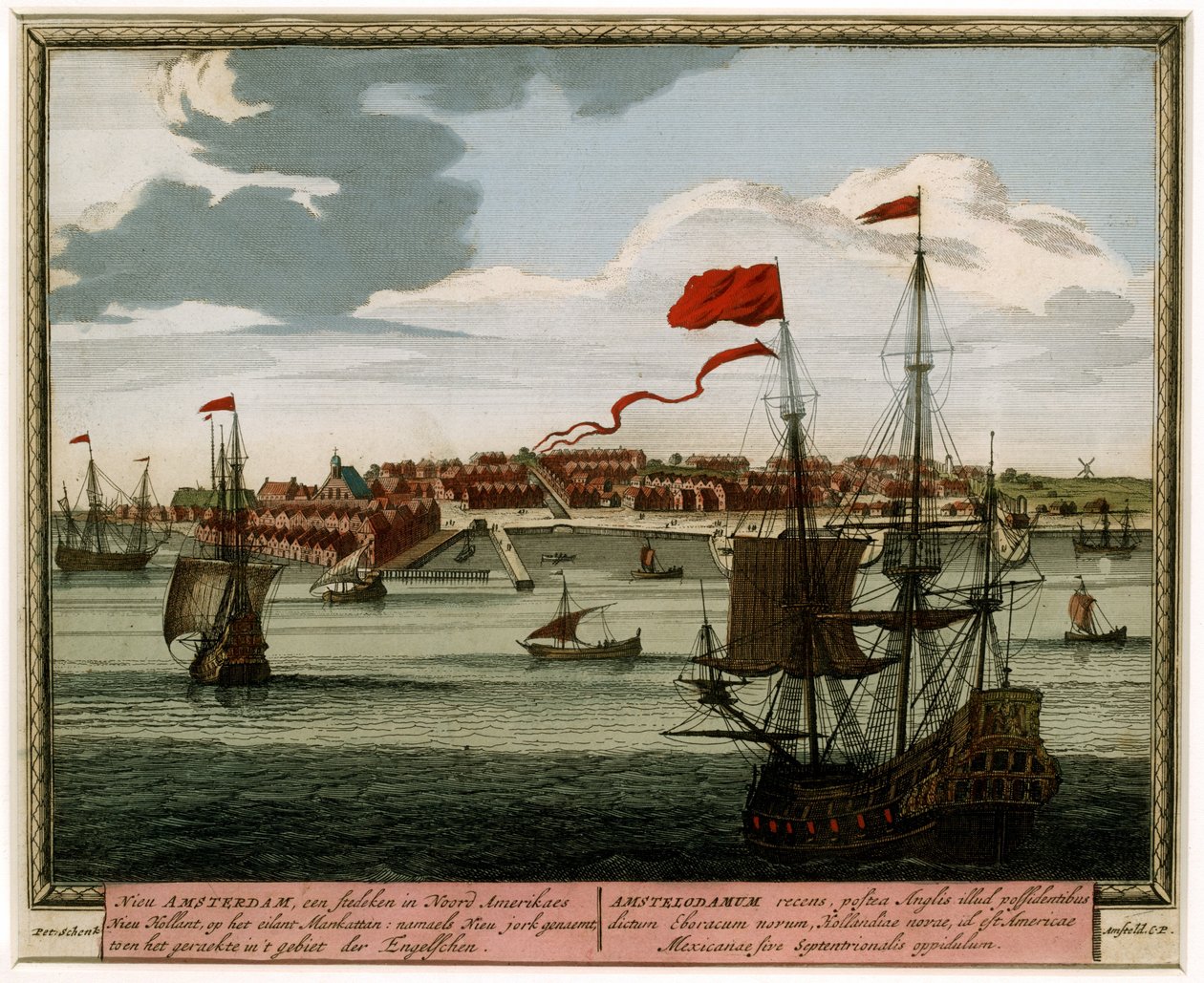 Uusi Amsterdam vedestä, 1702 (käsinvärinen kaiverrus) tekijältä Pieter Schenk