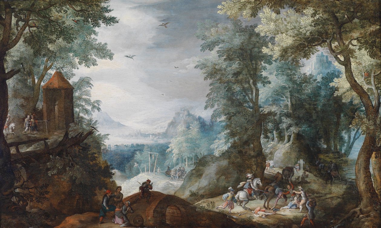 Bewaldete Landschaft mit einem Überfall tekijältä Pieter Schoubroeck