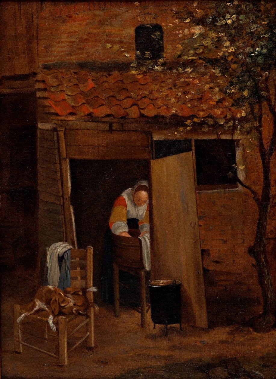 Tyttö pesee vaatteita. tekijältä Pieter Hooch de