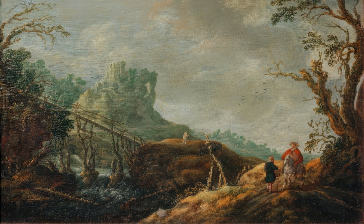 Jokimaisema, jossa on puinen silta ja raunio tekijältä Pieter Jansz van Asch