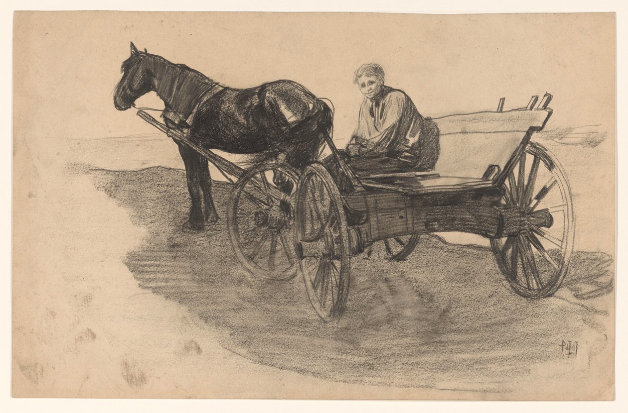 Hevonen ja vaunu, jossa joku on mukana tekijältä Pieter de Josselin