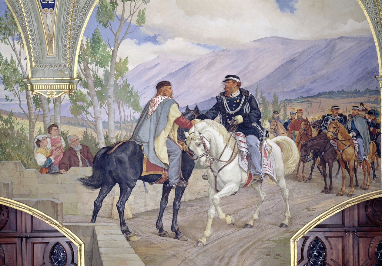 Giuseppe Garibaldin (1807-82) ja kuningas Vittorio Emanuele II:n (1820-78) tapaaminen 26. lokakuuta 1860 Teanossa, Italiassa, yksityiskohta kahdesta johtajasta kättelemässä, 1886 (yksityiskohta tekijältä Pietro Aldi