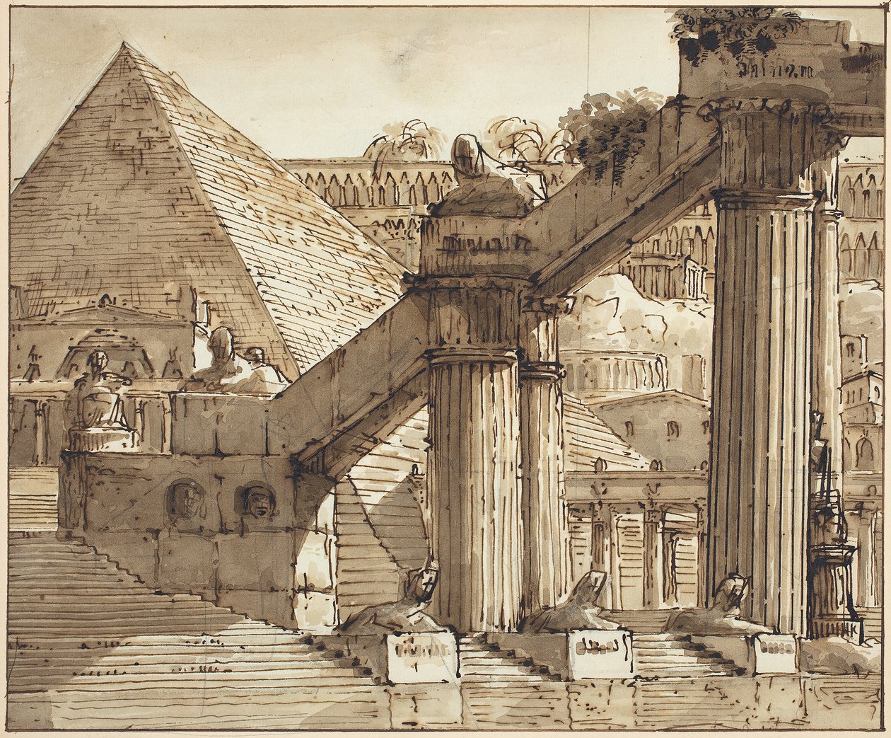 Egyptiläinen näyttämösuunnittelu, 1800-10 (kynä ja ruskea muste ruskealla pesulla grafiitin päällä paperille) tekijältä Pietro Gonzaga
