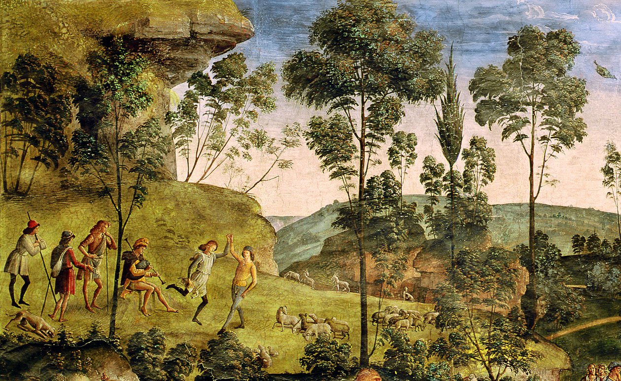 Vuohipaimenet ja paimenet tekevät musiikkia ja tanssivat, yksityiskohta "Mooseksen matkasta", n. 1481-3 (yksityiskohta 218710) tekijältä Pietro Perugino