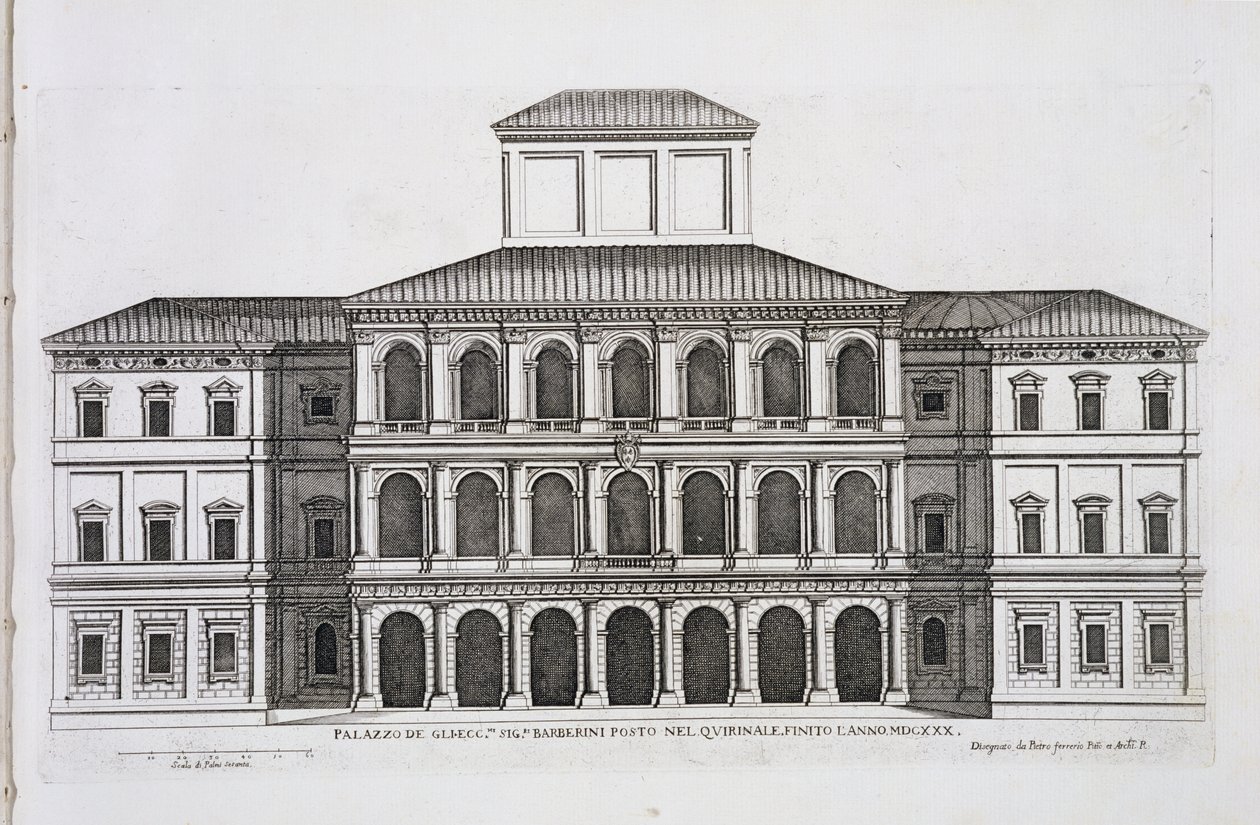 Palazzo Barberini Quirinalessa, valmistunut 1630, palazzi di Roma, osa I, julkaistu 1655 tekijältä Pietro Ferrerio