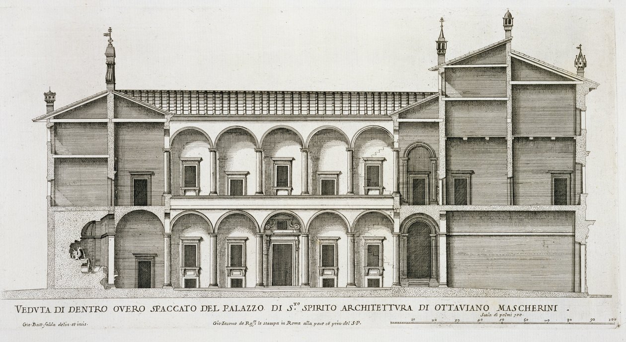 Palazzo di Santo Spirito, teoksesta "Palazzi di Roma", osa II, julkaistu noin 1670-luvulla. tekijältä Pietro Ferrerio